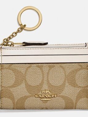COACH Signature Canvas Card Case Keyring in Tan and Cream with Gold Hardware
